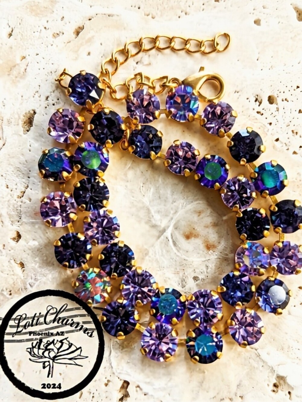 Tanzanite Sparkles & AB Swarovski Crystal Necklace in Matte Gold & Earrings
